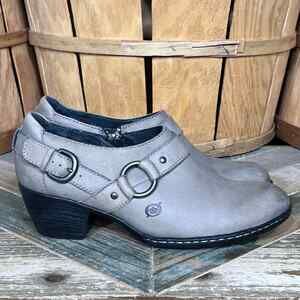 Born Zowy Barnwood Gray Distressed Leather Harness Strap Booties Womens Size 7.5